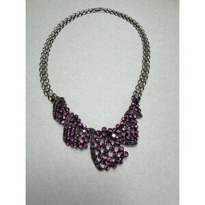 Statement Silver Tone Purple Rhinestone Bib Necklace Dramatic Vintage Style